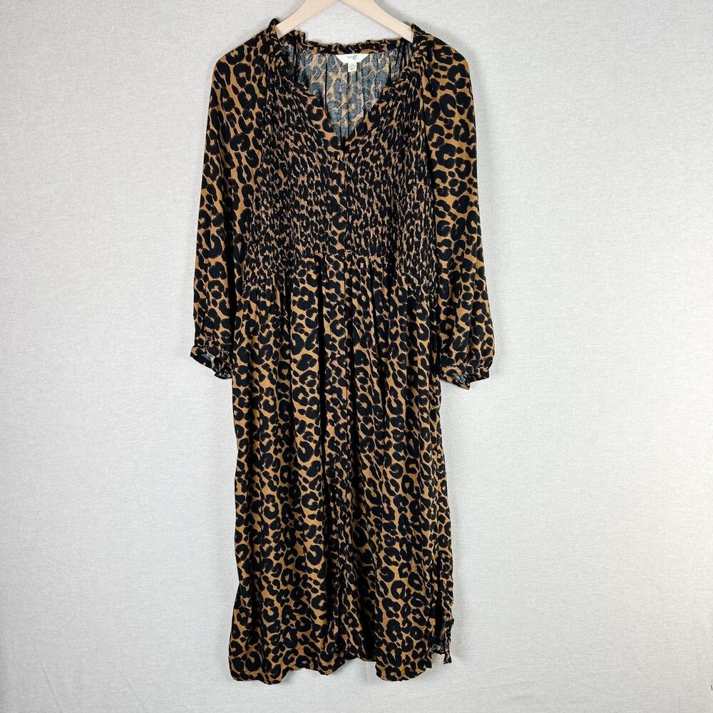Terra Sky Womens Leopard Button‎ Front Midi Dress Size 1X Balloon Sleeve NWOT